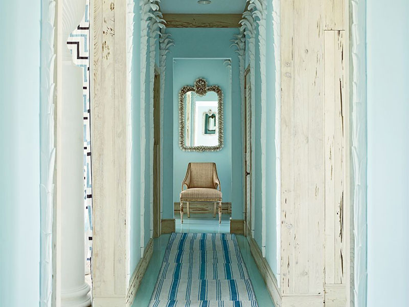 beachhouse how to decorate narrow hallway entryway turquoise paint walls home house decorating ideas inspiration white washed weathere wood floors door moulding molding cream antique gold